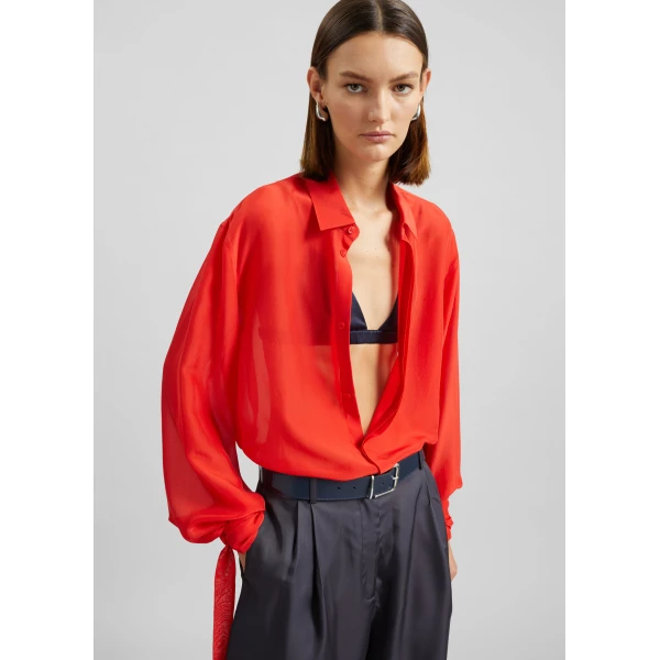 The Frankie Shop Verlin Sheer Chiffon Tie Cuff Shirt – Red, view 6