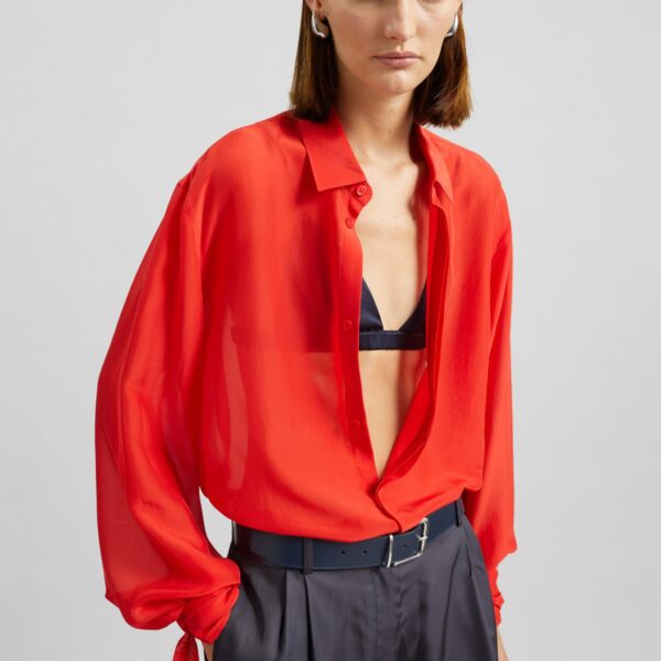 The Frankie Shop Verlin Sheer Chiffon Tie Cuff Shirt - Red - Oversized Minimalist Tops in Red - Shop at Coveti