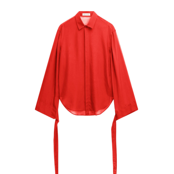 The Frankie Shop Verlin Sheer Chiffon Tie Cuff Shirt - Red - Oversized Minimalist Tops in Red - Shop at Coveti