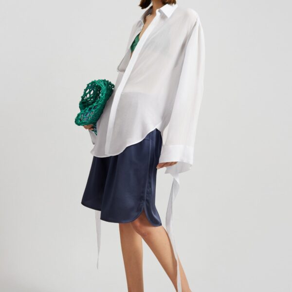 The Frankie Shop Verlin Sheer Chiffon Tie Cuff Shirt - White - Oversized Minimalist Tops in White - Shop at Coveti
