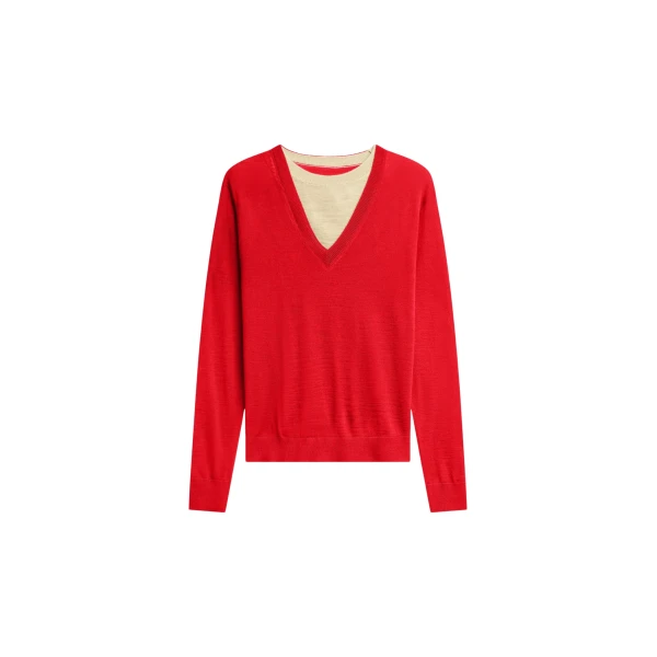The Frankie Shop Vernon Layered Knit Pullover - Red - Oversized Minimalist Knitwear in Red - Shop at Coveti