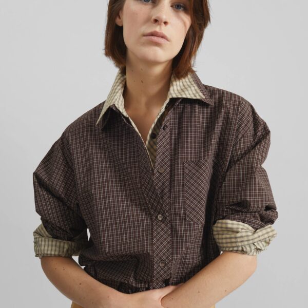 The Frankie Shop Vesta Cotton Shirt - Brown Plaid - Oversized Minimalist Tops in Multicolour - Shop at Coveti