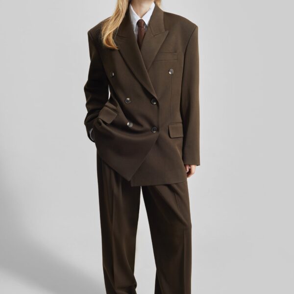 The Frankie Shop Vester Double-Breasted Blazer - Brown - Oversized Minimalist Jackets in Beige - Shop at Coveti