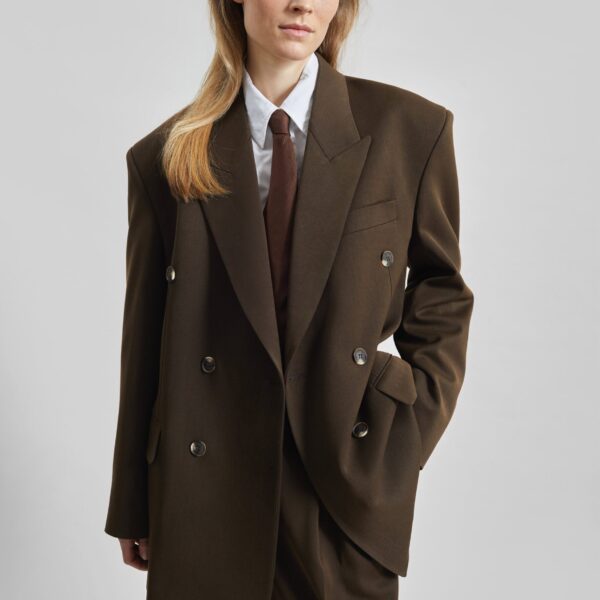 The Frankie Shop Vester Double-Breasted Blazer - Brown - Oversized Minimalist Jackets in Beige - Shop at Coveti