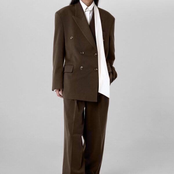 The Frankie Shop Vester Double-Breasted Blazer - Brown - Oversized Minimalist Jackets in Beige - Shop at Coveti