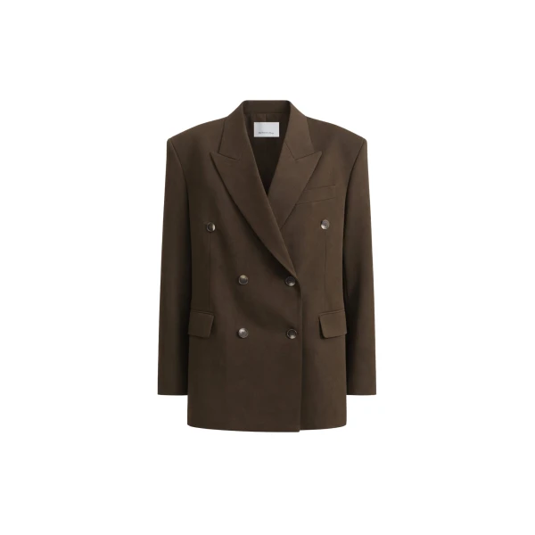 The Frankie Shop Vester Double-Breasted Blazer - Brown - Oversized Minimalist Jackets in Beige - Shop at Coveti