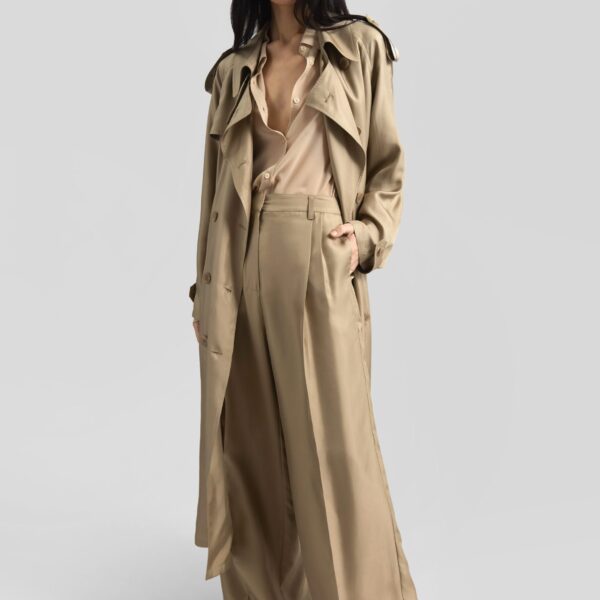 The Frankie Shop Veyron Silk Trench - Beige - Oversized Minimalist Coats in Beige - Shop at Coveti