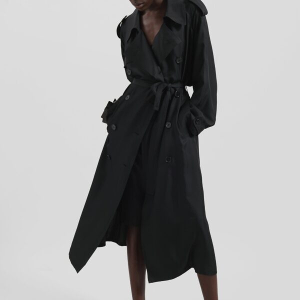 The Frankie Shop Veyron Silk Trench - Black - Oversized Minimalist Coats in Black - Shop at Coveti