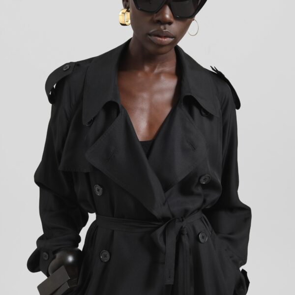 The Frankie Shop Veyron Silk Trench - Black - Oversized Minimalist Coats in Black - Shop at Coveti