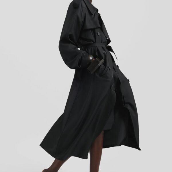The Frankie Shop Veyron Silk Trench - Black - Oversized Minimalist Coats in Black - Shop at Coveti
