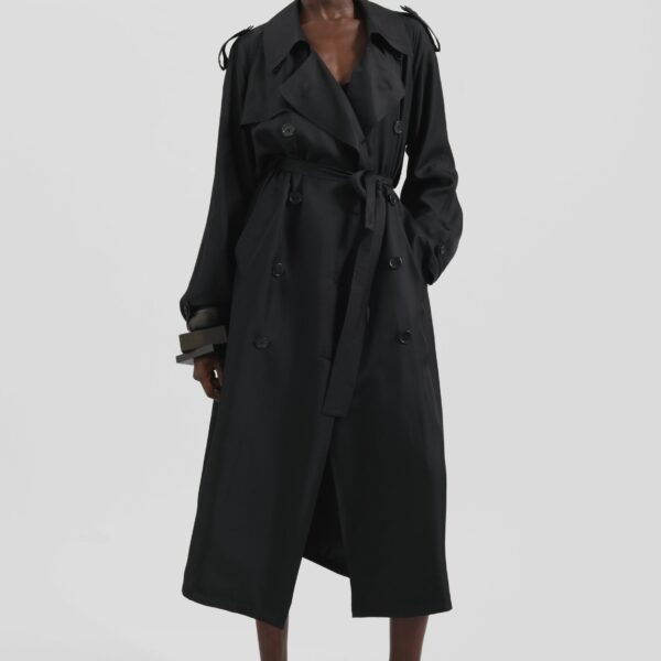 The Frankie Shop Veyron Silk Trench - Black - Oversized Minimalist Coats in Black - Shop at Coveti