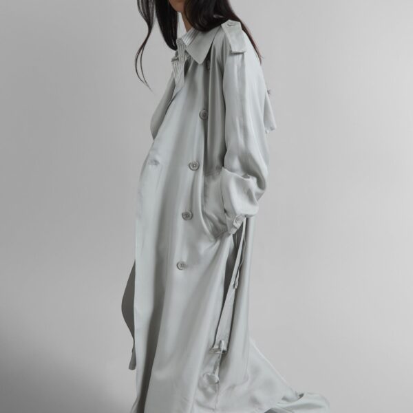 The Frankie Shop Veyron Silk Trench - Grey - Oversized Minimalist Coats in Grey - Shop at Coveti