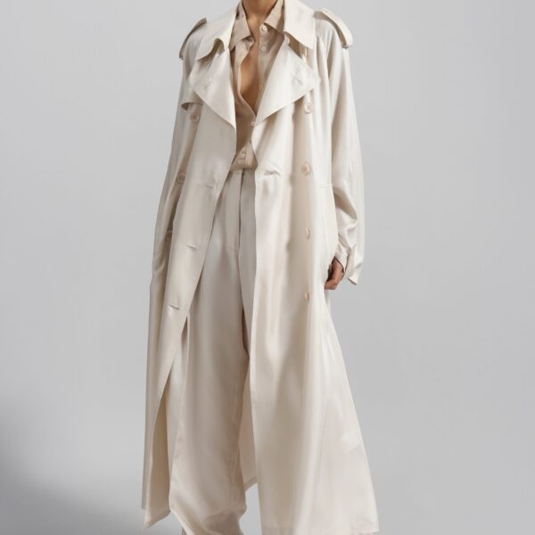 The Frankie Shop Veyron Silk Trench - Ivory - Oversized Minimalist Coats in Ivory - Shop at Coveti