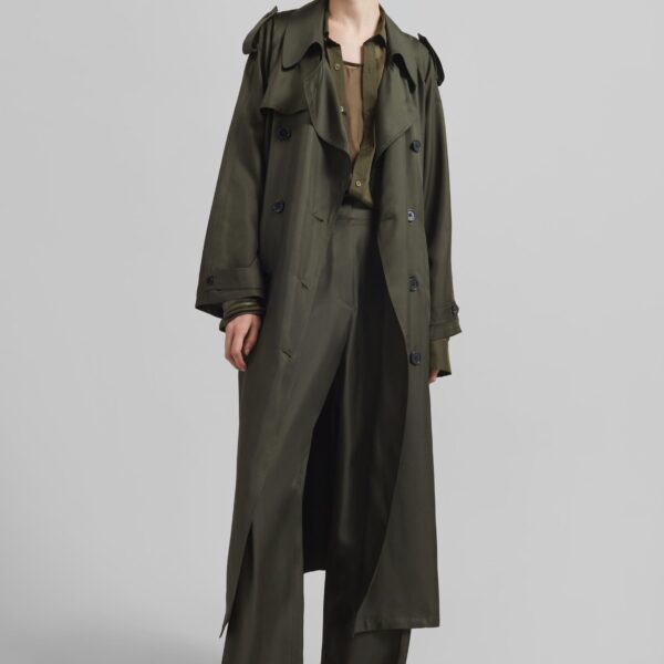 The Frankie Shop Veyron Silk Trench - Khaki - Oversized Minimalist Coats in Green - Shop at Coveti