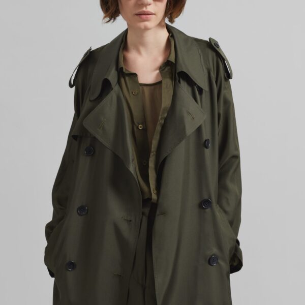 The Frankie Shop Veyron Silk Trench - Khaki - Oversized Minimalist Coats in Green - Shop at Coveti