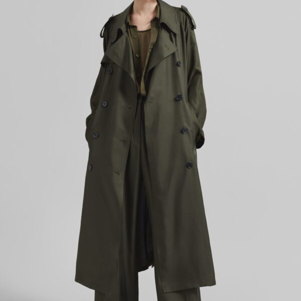 The Frankie Shop Veyron Silk Trench - Khaki - Oversized Minimalist Coats in Green - Shop at Coveti