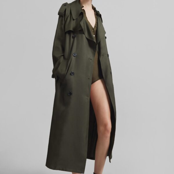 The Frankie Shop Veyron Silk Trench - Khaki - Oversized Minimalist Coats in Green - Shop at Coveti