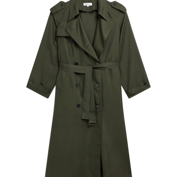 The Frankie Shop Veyron Silk Trench - Khaki - Oversized Minimalist Coats in Green - Shop at Coveti