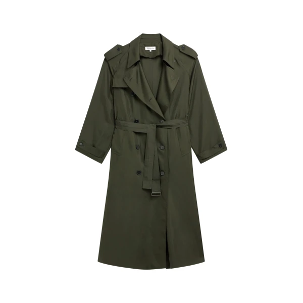 The Frankie Shop Veyron Silk Trench - Khaki - Oversized Minimalist Coats in Green - Shop at Coveti