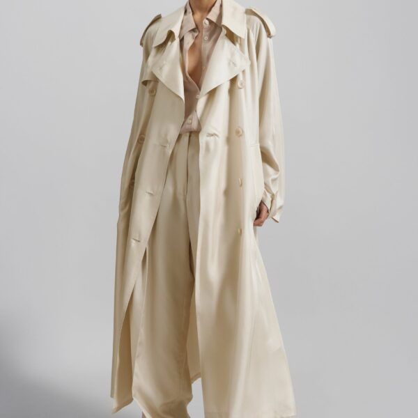 The Frankie Shop Veyron Silk Trench - Light Beige - Oversized Minimalist Coats in Beige - Shop at Coveti