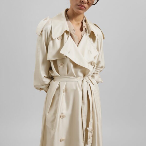 The Frankie Shop Veyron Silk Trench - Light Beige - Oversized Minimalist Coats in Beige - Shop at Coveti