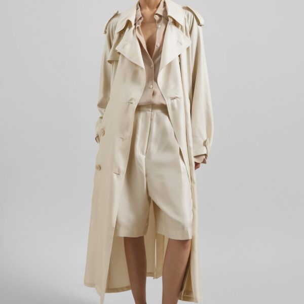 The Frankie Shop Veyron Silk Trench - Light Beige - Oversized Minimalist Coats in Beige - Shop at Coveti