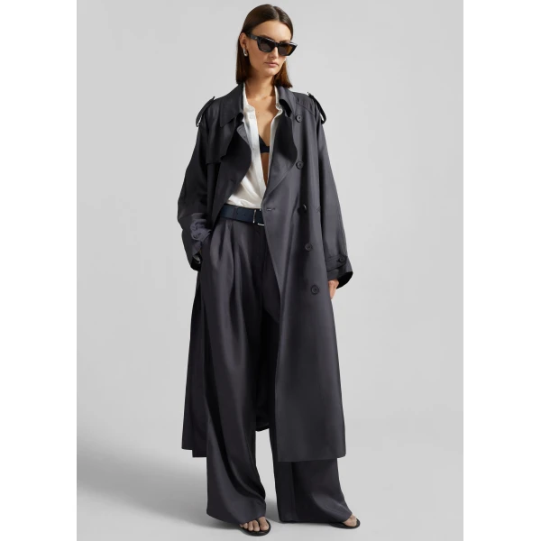 The Frankie Shop Veyron Silk Trench – Storm Grey Coat, view 2