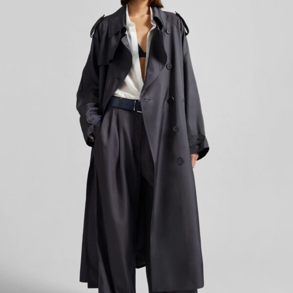 The Frankie Shop Veyron Silk Trench - Storm Grey - Oversized Minimalist Coats in Grey - Shop at Coveti