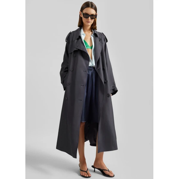 The Frankie Shop Veyron Silk Trench – Storm Grey Coat, view 3