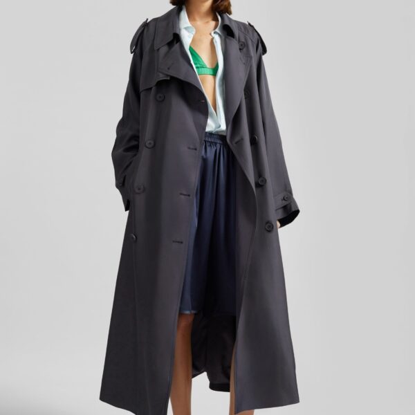 The Frankie Shop Veyron Silk Trench - Storm Grey - Oversized Minimalist Coats in Grey - Shop at Coveti