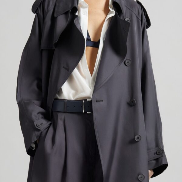 The Frankie Shop Veyron Silk Trench - Storm Grey - Oversized Minimalist Coats in Grey - Shop at Coveti