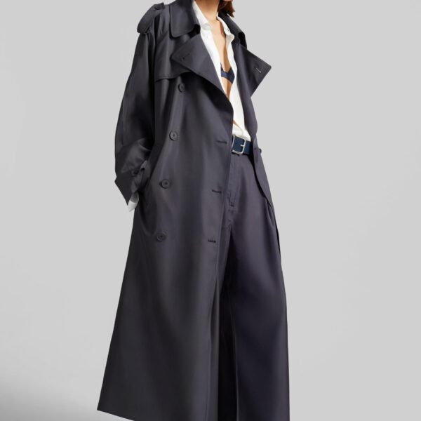 The Frankie Shop Veyron Silk Trench - Storm Grey - Oversized Minimalist Coats in Grey - Shop at Coveti