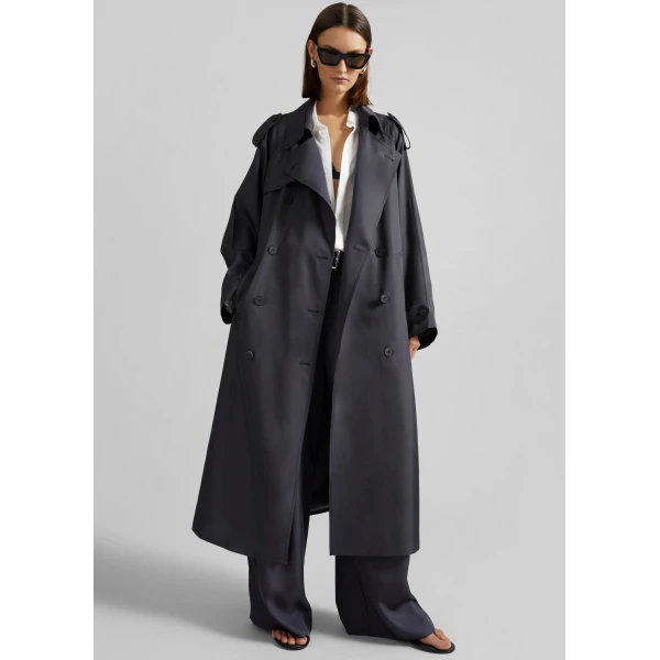 The Frankie Shop Veyron Silk Trench – Storm Grey Coat, view 6