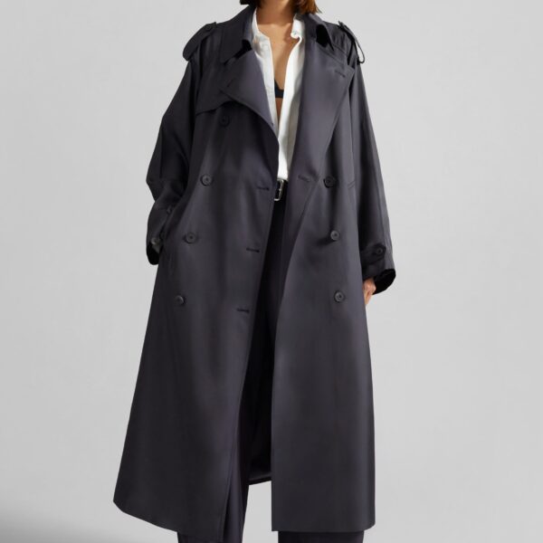 The Frankie Shop Veyron Silk Trench - Storm Grey - Oversized Minimalist Coats in Grey - Shop at Coveti