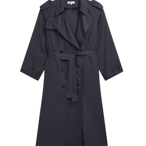 The Frankie Shop Veyron Silk Trench - Storm Grey - Oversized Minimalist Coats in Grey - Shop at Coveti