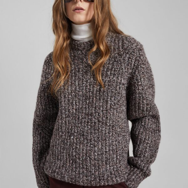 The Frankie Shop Vezia Chunky Knit Sweater - Brown Melange - Oversized Minimalist Knitwear in Beige - Shop at Coveti