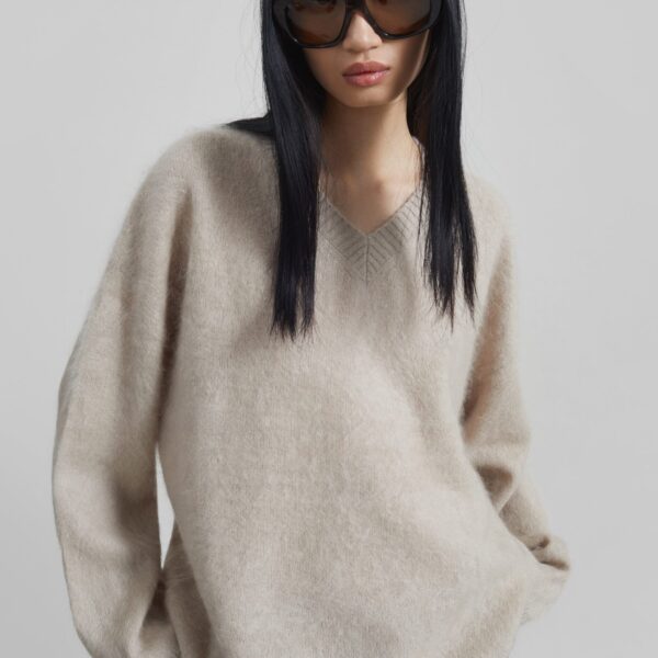 The Frankie Shop Vilhena Wool Fuzzy V-Neck Sweater - Beige - Oversized Minimalist Knitwear in Beige - Shop at Coveti