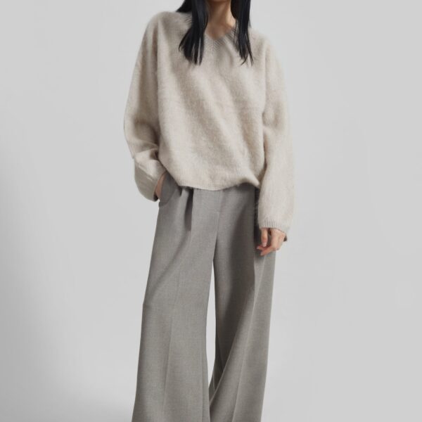 The Frankie Shop Vilhena Wool Fuzzy V-Neck Sweater - Beige - Oversized Minimalist Knitwear in Beige - Shop at Coveti