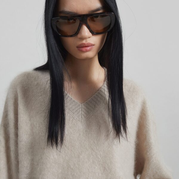 The Frankie Shop Vilhena Wool Fuzzy V-Neck Sweater - Beige - Oversized Minimalist Knitwear in Beige - Shop at Coveti