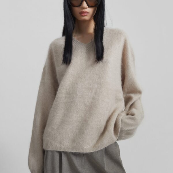 The Frankie Shop Vilhena Wool Fuzzy V-Neck Sweater - Beige - Oversized Minimalist Knitwear in Beige - Shop at Coveti