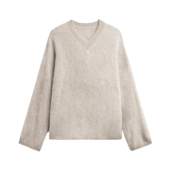 The Frankie Shop Vilhena Wool Fuzzy V-Neck Sweater - Beige - Oversized Minimalist Knitwear in Beige - Shop at Coveti