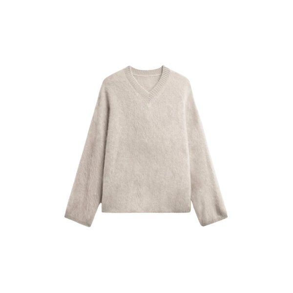 The Frankie Shop Vilhena Wool Fuzzy V-Neck Sweater - Beige - Oversized Minimalist Knitwear in Beige - Shop at Coveti