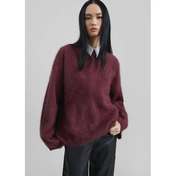 The Frankie Shop Vilhena Wool Fuzzy V-Neck Sweater – Burgundy, view 2