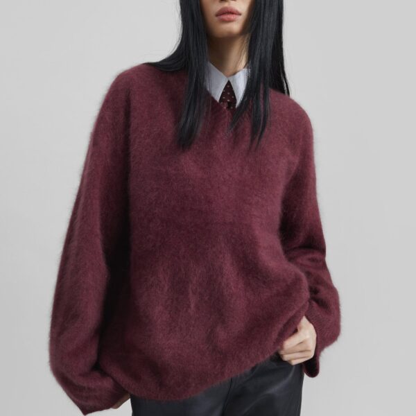 The Frankie Shop Vilhena Wool Fuzzy V-Neck Sweater - Burgundy - Oversized Minimalist Knitwear in Red - Shop at Coveti