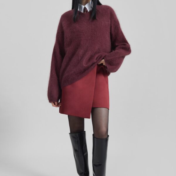 The Frankie Shop Vilhena Wool Fuzzy V-Neck Sweater - Burgundy - Oversized Minimalist Knitwear in Red - Shop at Coveti