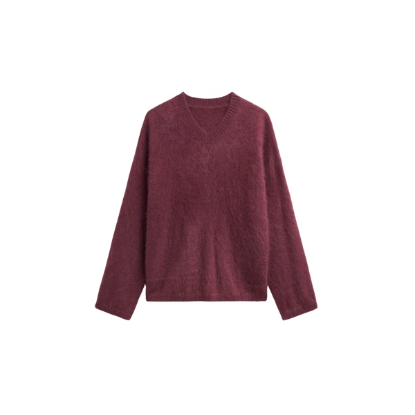 The Frankie Shop Vilhena Wool Fuzzy V-Neck Sweater - Burgundy - Oversized Minimalist Knitwear in Red - Shop at Coveti