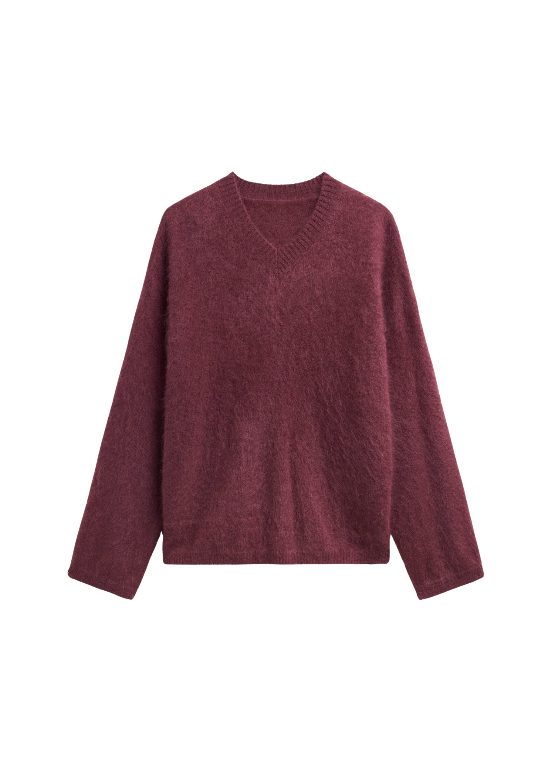 The Frankie Shop Vilhena Wool Fuzzy V-Neck Sweater - Burgundy - Oversized Minimalist Knitwear in Red - Shop at Coveti