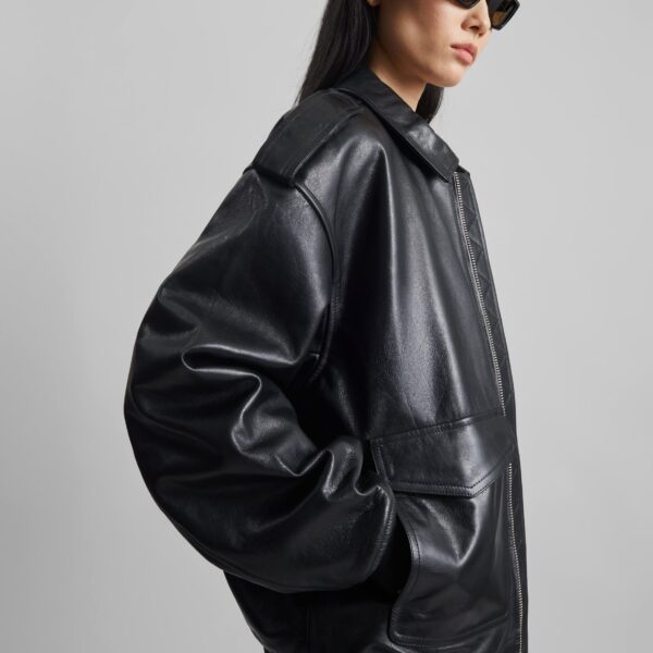 The Frankie Shop Viper Leather Jacket - Black - Oversized Minimalist Jackets in Black - Shop at Coveti