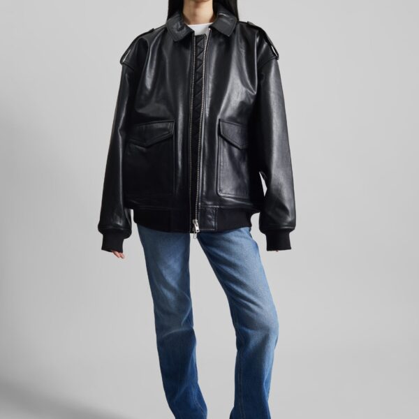 The Frankie Shop Viper Leather Jacket - Black - Oversized Minimalist Jackets in Black - Shop at Coveti