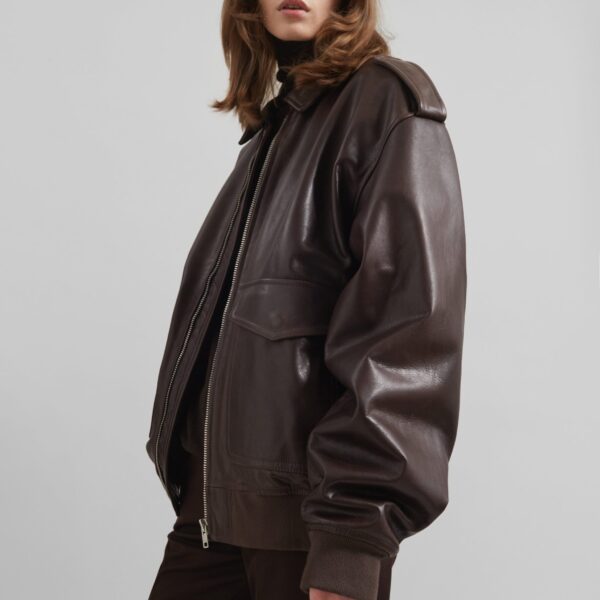The Frankie Shop Viper Leather Jacket - Brown - Oversized Minimalist Jackets in Beige - Shop at Coveti
